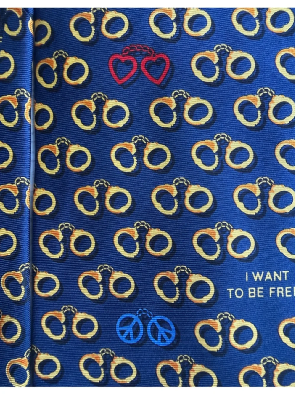 Vintage 90s Moschino Franco Era I Want to Be Free Handcuff Silk Tie Made Italy